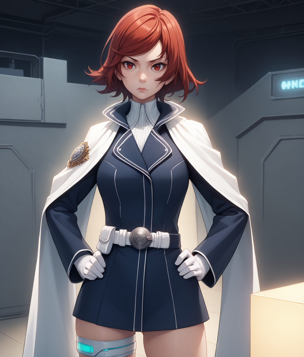 score_9, score_8, score_7, cowboy shot, 1girl,  <lora:Himeno_Akatsuki_PXL_r1:1> himeno_akatsuki, red hair, short hair, military uniform, white cape, white gloves, standing, hands on hips, serious expression, furrowed brow BREAK indoors, sci-fi, white ceilings, white floor, artificial lighting