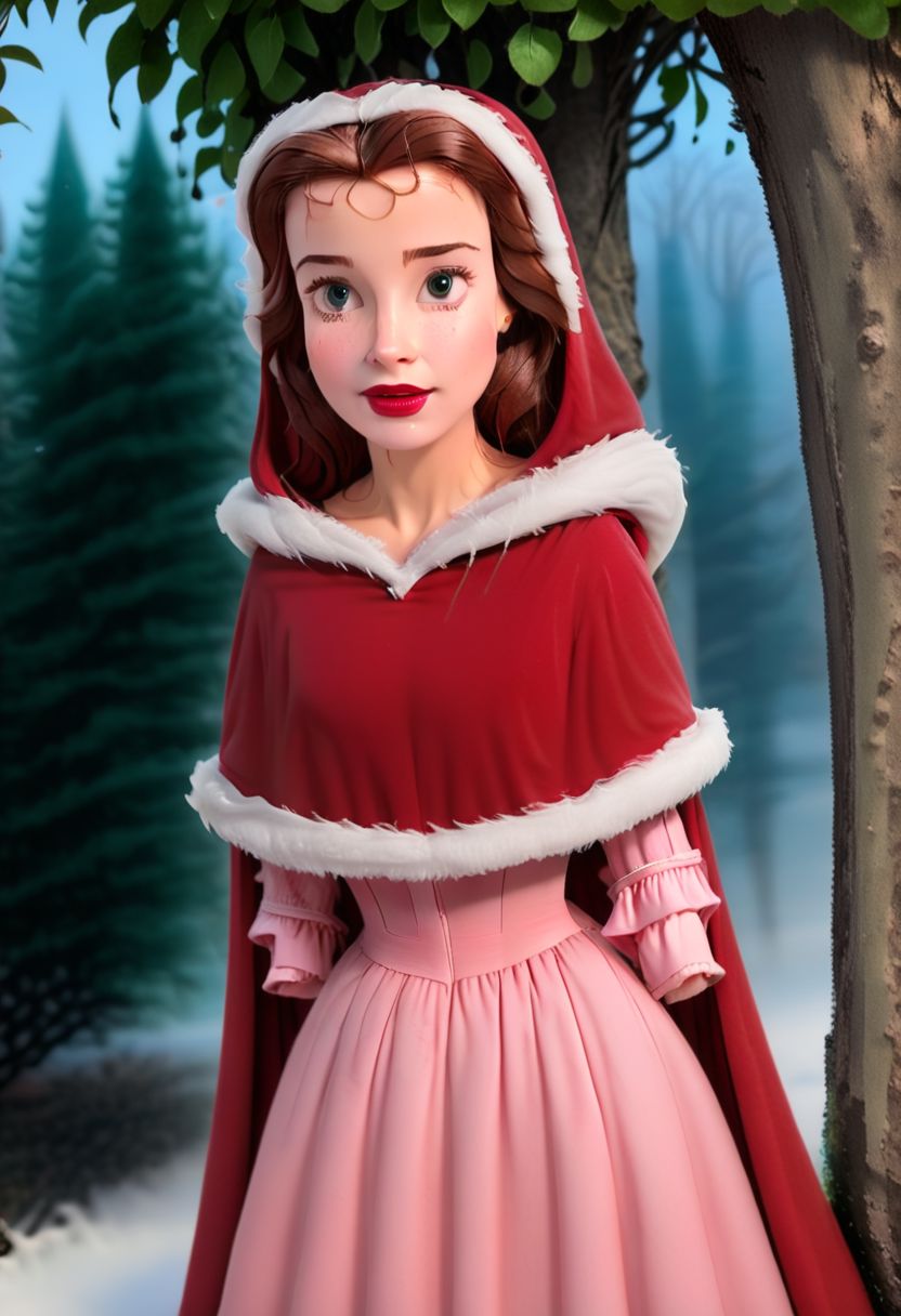 Raw photo, original style, very detailed face features,  Belle, behind a tree, removing her hood, rose dress, red cape, fluffy white fur edges
