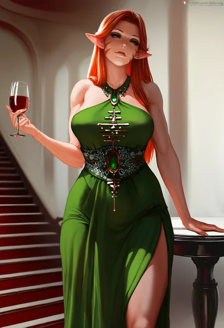 (spaal, elleciel.eud:0.8), (dandon fuga:0.35), safe, masterpiece, very aesthetic, 1girl, solo, farseermacha, mature female, green eyes, green dress, party dress, wine glass, elegant, intricate clothing, lace, ballroom, photorealism, realistic
<lora:Macha-Warhammer_NAIXL_v10:1>