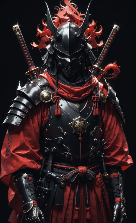 masterpiece, best quality, good quality, newest, highres, absurdres, solo, 1boy, upper body, monochrome, male focus, weapon, sword, armor, helmet, black background, katana, shoulder armor, 1other, facing viewer, gauntlets, pauldrons, japanese armor, red theme, weapon on back, full armor, samurai, kabuto \(helmet\), Ethereal Brushstroke <lora:illustriousXL_stabilizer_v1.23:0.3> <lora:NOOB_vp1_detailer_by_volnovik_v1:0.3> <lora:ponyv6_noobE11_2_adamW-000017:0.45> <lora:Illustrious:0.15> <lora:WSSKX_WAI:0.7> <lora:-_iLL_-_the_edgy_mech_V2.0-:0.7> <lora:zy_illustrious_Realism_Enhancer_v1:0.5>