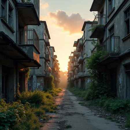 Crumbling buildings dominate an abandoned cityscape,
overtaken by nature,
as the sun sets casting play of deep shadows accentuating the ruins,
faded storefronts,
intertwining vegetation,
absence of human life,
warm glow of twilight,
enveloping silence,
texture of decay,
urban decay storytelling,
cinematic,
dramatic lighting,
ultra fine details.