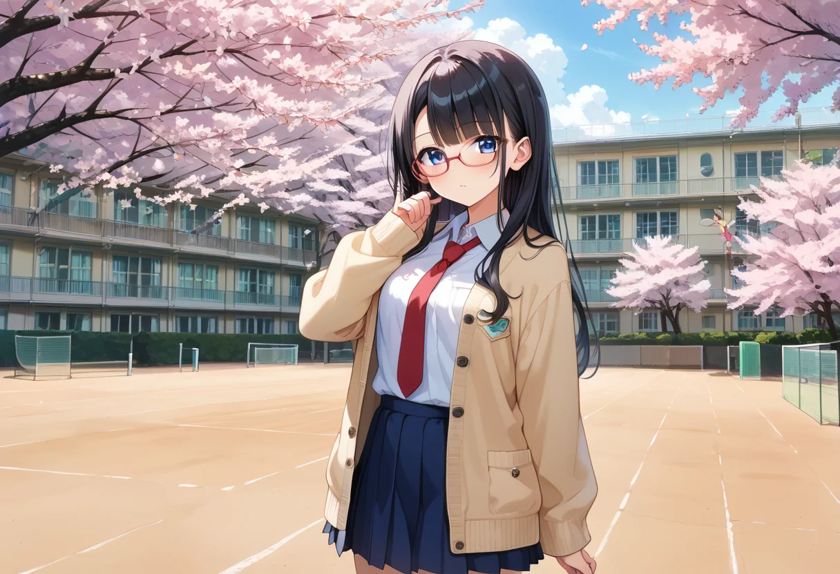 score_9, score_8_up, score_7_up, rating_safe, masterpiece, best quality, absurdres, unity 8k wallpaper, official art, official style, source_anime, uncensored, game cg, megami magazine,
1girl, solo, glasses, black hair, long hair, blue eyes, collared shirt, red necktie, pleated skirt, blue skirt, looking at viewer, blush, long sleeves, cardigan,
koutei, scenery, tree, building, outdoors, cherry blossoms, fence, window, sky, day
<lora:gakkou_ground_PONY_V1:1>