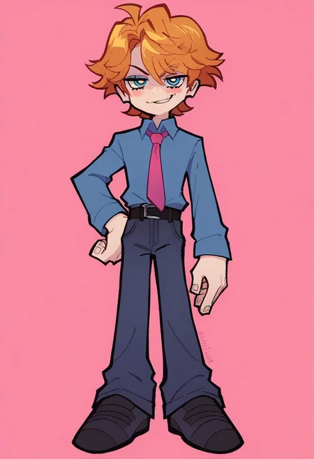 score_9, score_8_up, score_7_up, source_anime, solo, 1boy, Senpai, strawberry blonde hair, blue eyes, blue shirt, loose pink tie, dark gray jeans, dark gray shoes, black belt, seductive smirk, pink blush cheeks, full body, close up, standing, one hand on hip, other hand holding mic, looking at viewer, standing, pink background, Panty & Stocking style, Thick lineart, sharp edges