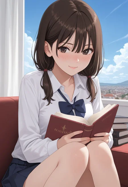 Masterpiece, Highest Quality, Score_9, Score_8_up, Score_7_up,
source_anime. anime style. masterpiece, highres, absurdres. Best resolution
1 girl. Minchae Lee. brown hair. brown eyes. short hair. medium hair. bangs. medium breasts. mole under eye
1girl, blush, embarrassed, front-tie top, hair between eyes, looking at viewer, low twintails, nose blush, playing with hair, playing with own hair, solo, twintails, upper body, ,masterpiece, best quality, very aesthetic, absurds. bust shot.
sitting, blue sky, cloud, reading, holding book, open book, indoors, smile, holding, day, scenery, black eyes, knees up, curtains, school uniform