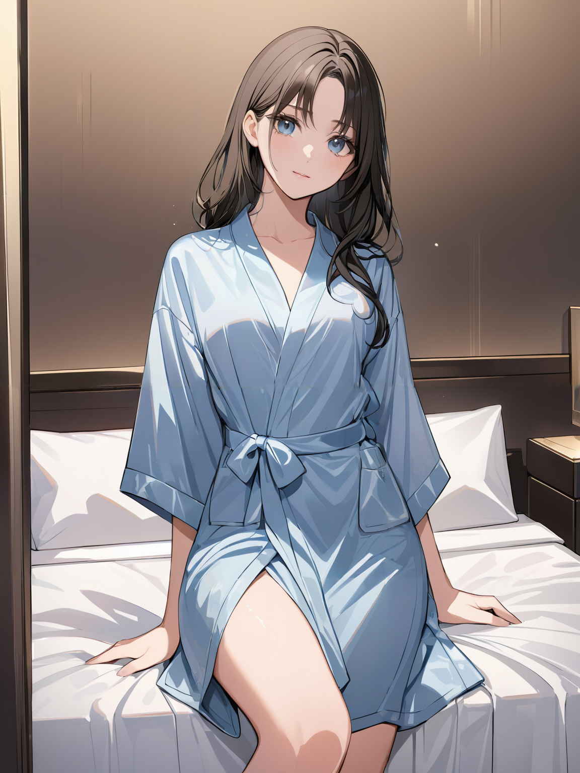 masterpiece,ultra-detailed,best quality,8K,illustration,cute face,clean skin ,shiny hair,girl,ultra-detailed-eyes,simple background, <lora:add-detail-xl:1> <lora:bathrobe_XL_V1.0:1> bathrobe