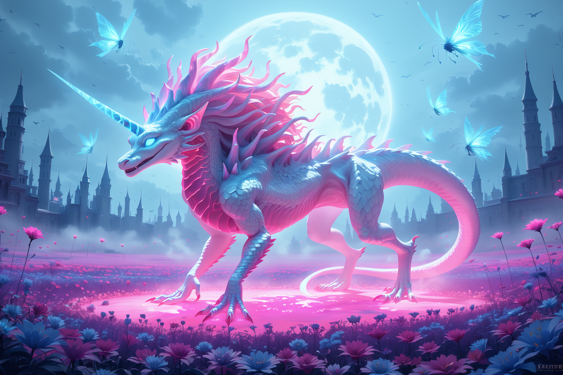score_9, score_8_up, score_7_up (best quality, masterpiece, beautiful and aesthetic:1.2) glowing glass unicorn sits in a field of glowing blue-red frozen flowers, ominous darkness, moon, a lot of fog, haze, a lot of blue-red fireflies, silver scales shimmering in the moonlight , glowing eyes, white glowing mane <lora:CTDRM:0.7> ctdrm, dreamy, soft lighting, fantasy style, surreal lighting, sinister, mystical, archaic, very colorful, high resolution, many details, The image is a hyper-realistic CGI rendering of a hauntingly realistic