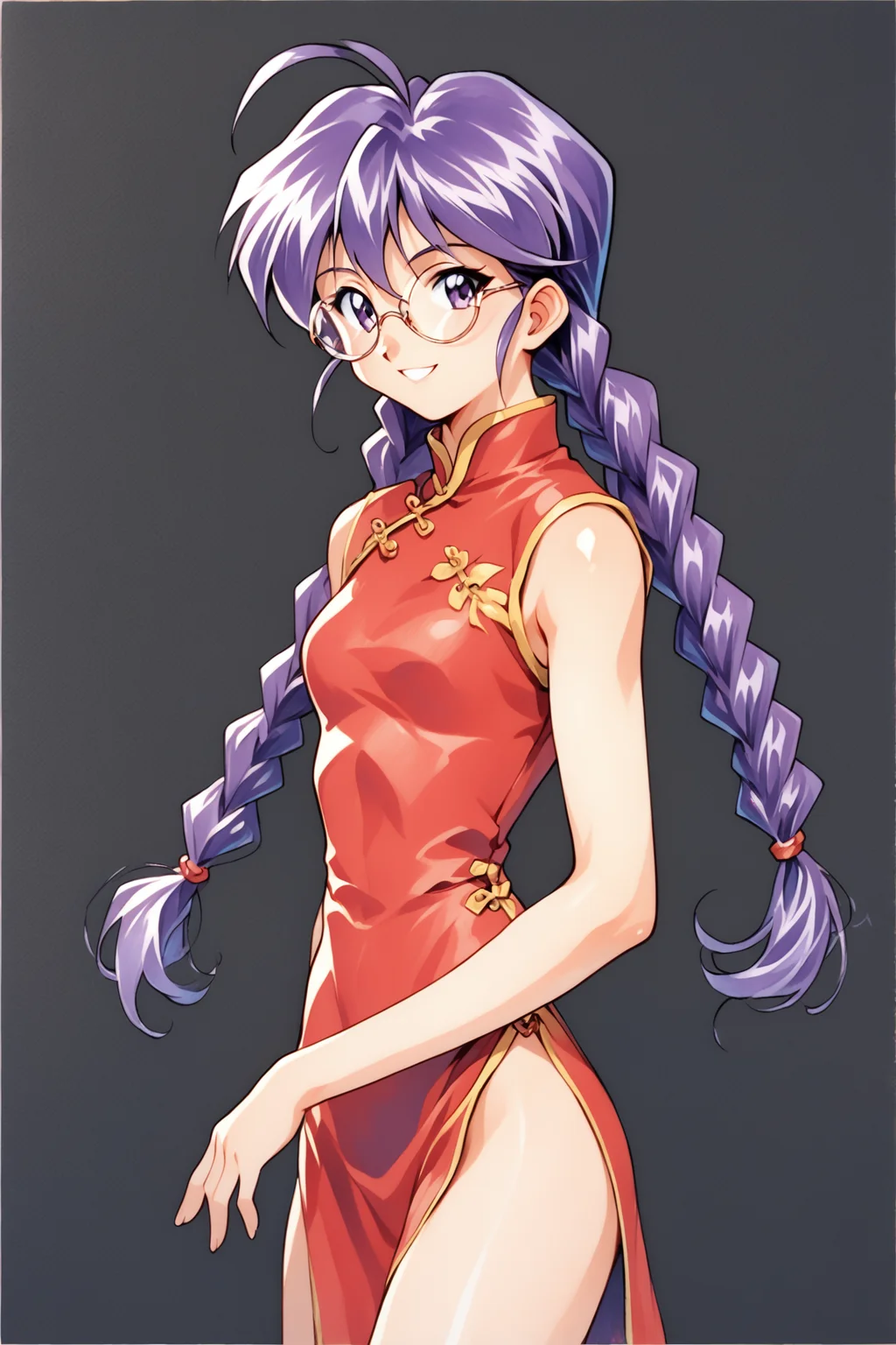 lee kohran,1girl,chinese clothes,china dress,1990s (style),solo,dress,glasses,twin braids,braid,retro artstyle,round eyewear,long hair,side slit,standing,red dress,looking at viewer,black background,purple hair,ahoge,purple eyes,sleeveless,simple background,smile,traditional media,score_9,score_8_up,<lora:Sakura Wars_XL_PONY_V2.1:0.8>,