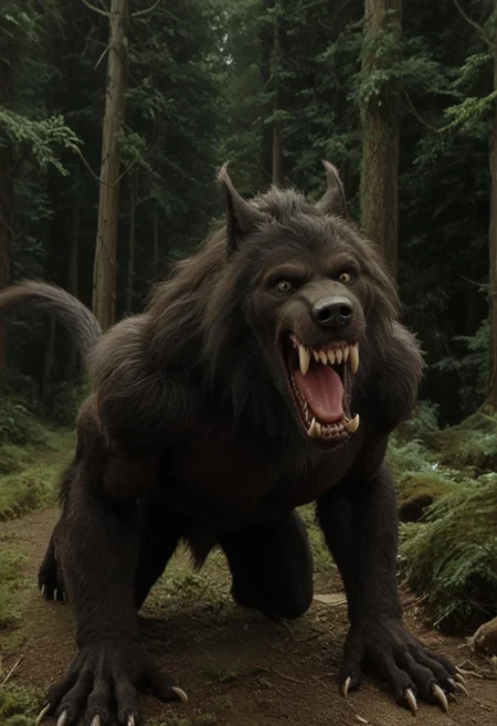 score 9, score 8, score 7, score 6, 1boy, furry male, solo, black fur, animal ears, yellow eyes, sharp teeth, claws, werewolf on down on all paws with tail in the air, (wagging tail, trying to look friendly), forest