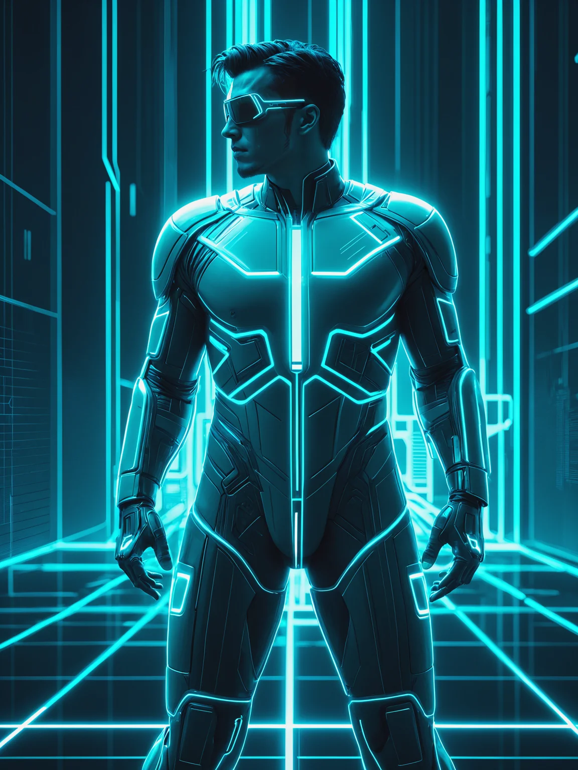 mad-cyberspace, man, teal glowing outlines, teal coloring, dynamic pose, grid, cyberpunk, 1980s, retro, scifi, cityscape<lora:Neon_Cyberpunk_Cyberspace_SDXL_v2:0.8>, raw photo, film grain, (photorealistic, realistic:1.2), deep shadow, 8k, uhd, dslr, ultra high res
