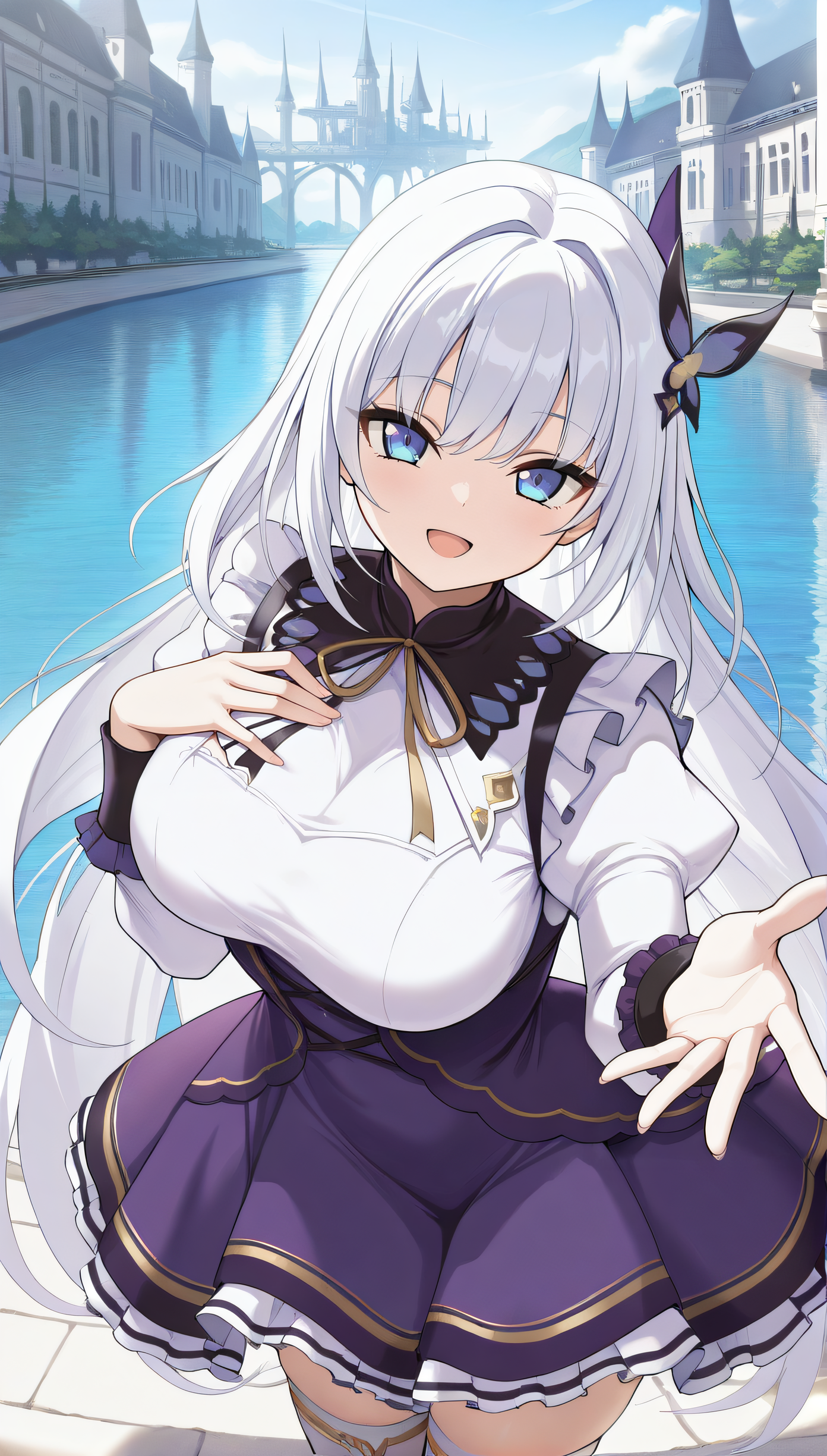 masterpiece, best quality, highres, scenery, newest, 1girl, official style, <lora:Tsukigaoka_Ran:1>, ran, white hair, very long hair, blue eyes, frills, puffy sleeves, purple dress, large breasts, white chest, white long sleeves, white thighhighs, looking at viewer, smile, cowboy shot, hand on chest, open mouth, five fingers, detailed hands