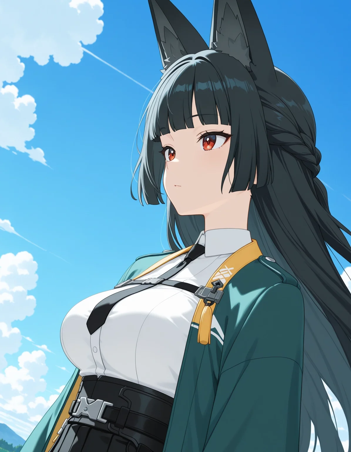 masterpiece, best quality, high quality, 1girl, solo, hoshimi miyabi \(zzz\), <lora:iMiyabi:0.9>, section six outfit, looking afar, wind, floating hair, day, blue sky, cloud,
dutch angle, anime screenshot, anime coloring, flat color, masterpiece, best quality, very aesthetic, aesthetic, absurdres, highres, detailed, beautiful color, amazing quality, sensitive