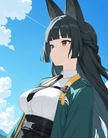 masterpiece, best quality, high quality, 1girl, solo, hoshimi miyabi \(zzz\), <lora:iMiyabi:0.9>, section six outfit, looking afar, wind, floating hair, day, blue sky, cloud,
dutch angle, anime screenshot, anime coloring, flat color, masterpiece, best quality, very aesthetic, aesthetic, absurdres, highres, detailed, beautiful color, amazing quality, sensitive
