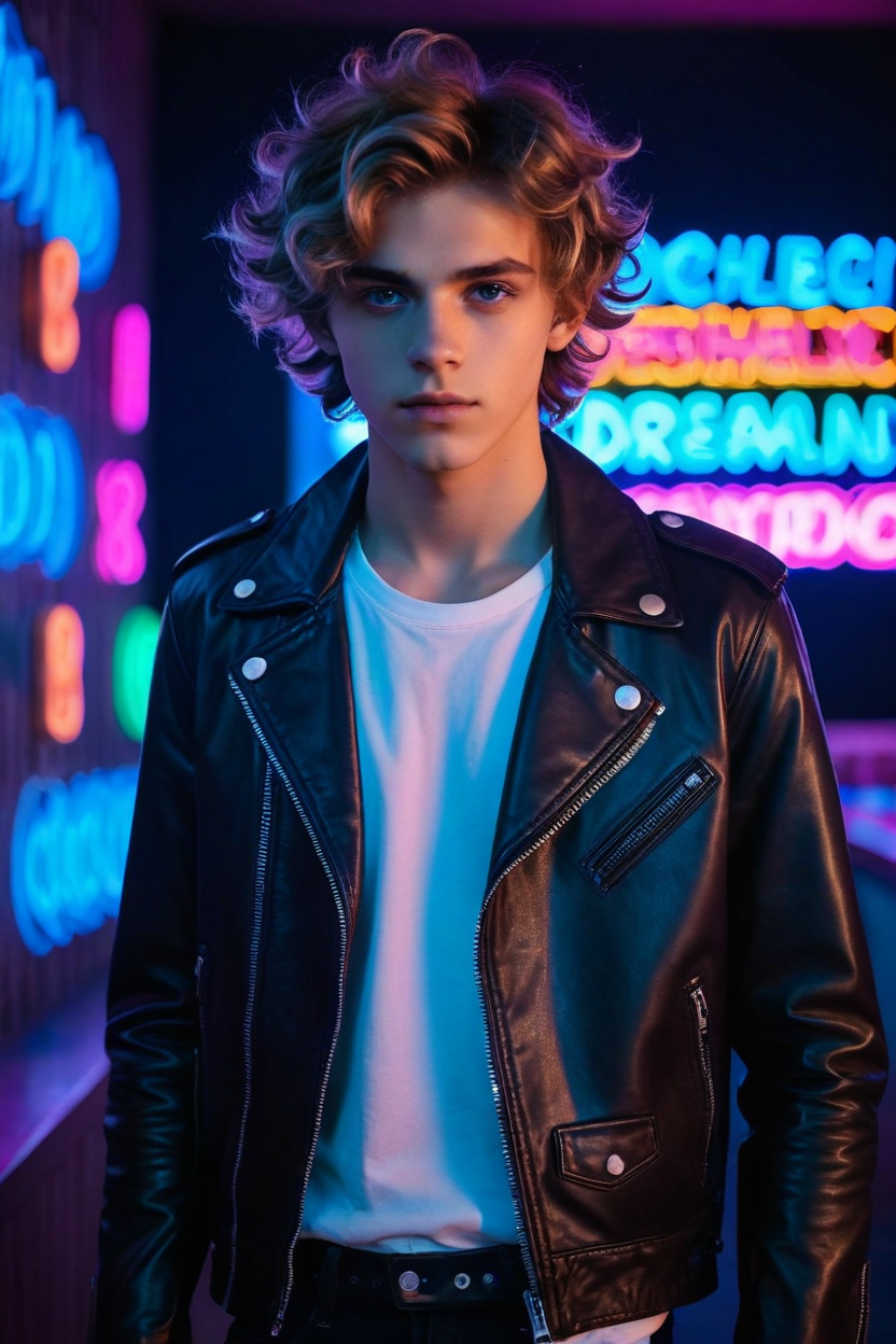 19yo (psychedelic dreamland:1.4) skinny male model twink (candyland:1.4), pink, wild hair, smooth, open leather jacket, slim waist, (neon lighting:1.1), light-blue-eyes, (Chiaroscuro, Filmgrain, Cinematic LUT), <lora:sdxl_lightning_8step_lora:1>