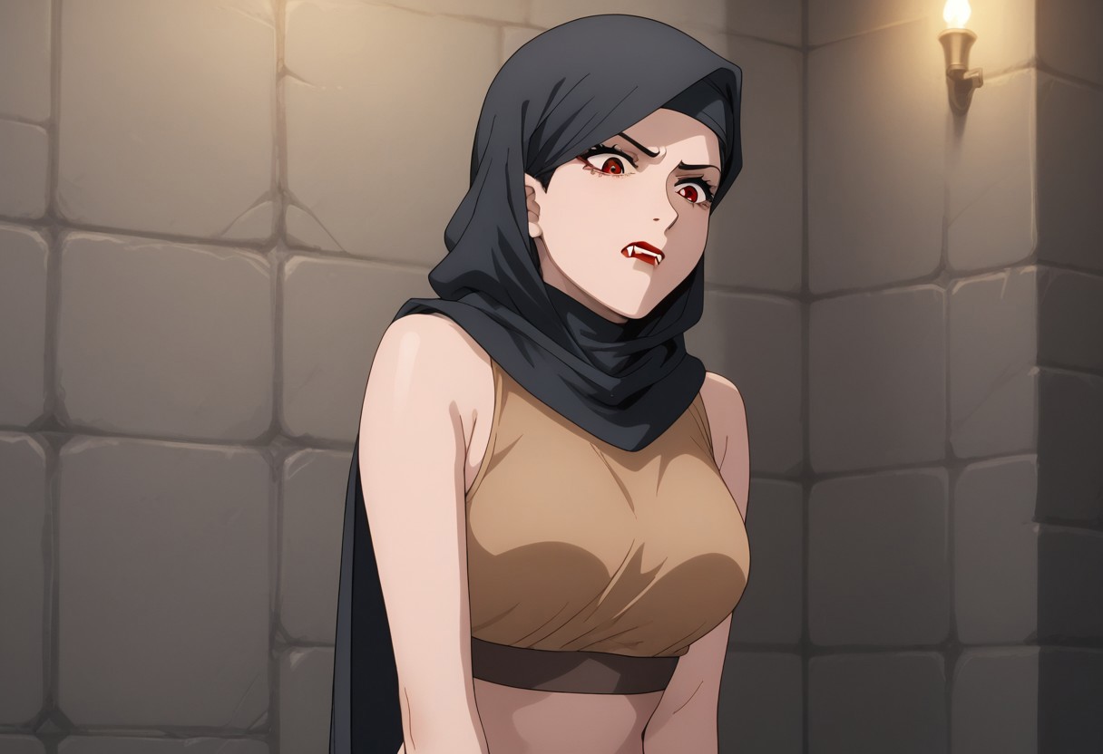 score_9, score_8_up, score_7_up, score_6_up, score_5_up, score_4_up, source_explicit, BREAK, solo:1.6, 1girl, vampire, black hair, red eyes, brown cloth tube-tob, midriff,  (dungeon background:1.5), (long black hair sticking out from black hijab:), long black hair:1.7,  sleeveless, vampire fangs, , pale skin, , sm_an_stl, source_anime, anime screencap, anime, animification, BREAK,  , hijab , ((brown hemp top)), ((brown hemp clothing)),  stone walls, wall torches, bangs sticking out from hijab, stern expression,,  standing, bending down, discovering foot prints, investigating, looking down, thinking, cowboy shot , stone brick  well, (zoom out), establishing shot,