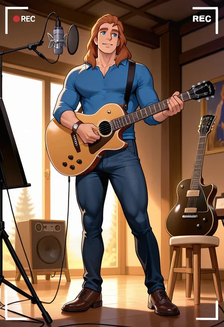 masterpiece,best quality,amazing quality,very aesthetic,absurdres,newest, huge filesize, Prince_Adam_BTB, 1man male focus, solo, auburn hair, blue eyes, lean and athletic, mature, long hair, strong, long legs, tall, manly, masculine, classy, artistic, relaxed look, small smile, dark recording studio, henley shirt, dark denim jeans, wristwatch, brogue shoes, singing into a recording microphone, Microphone, pop filter, microphone stand, headphones, acoustic foam panels, soundproofing materials, music stand (optional), small monitor or talkback system, and sometimes a stool or chair, dark surrounding, playing les Paul electric guitar