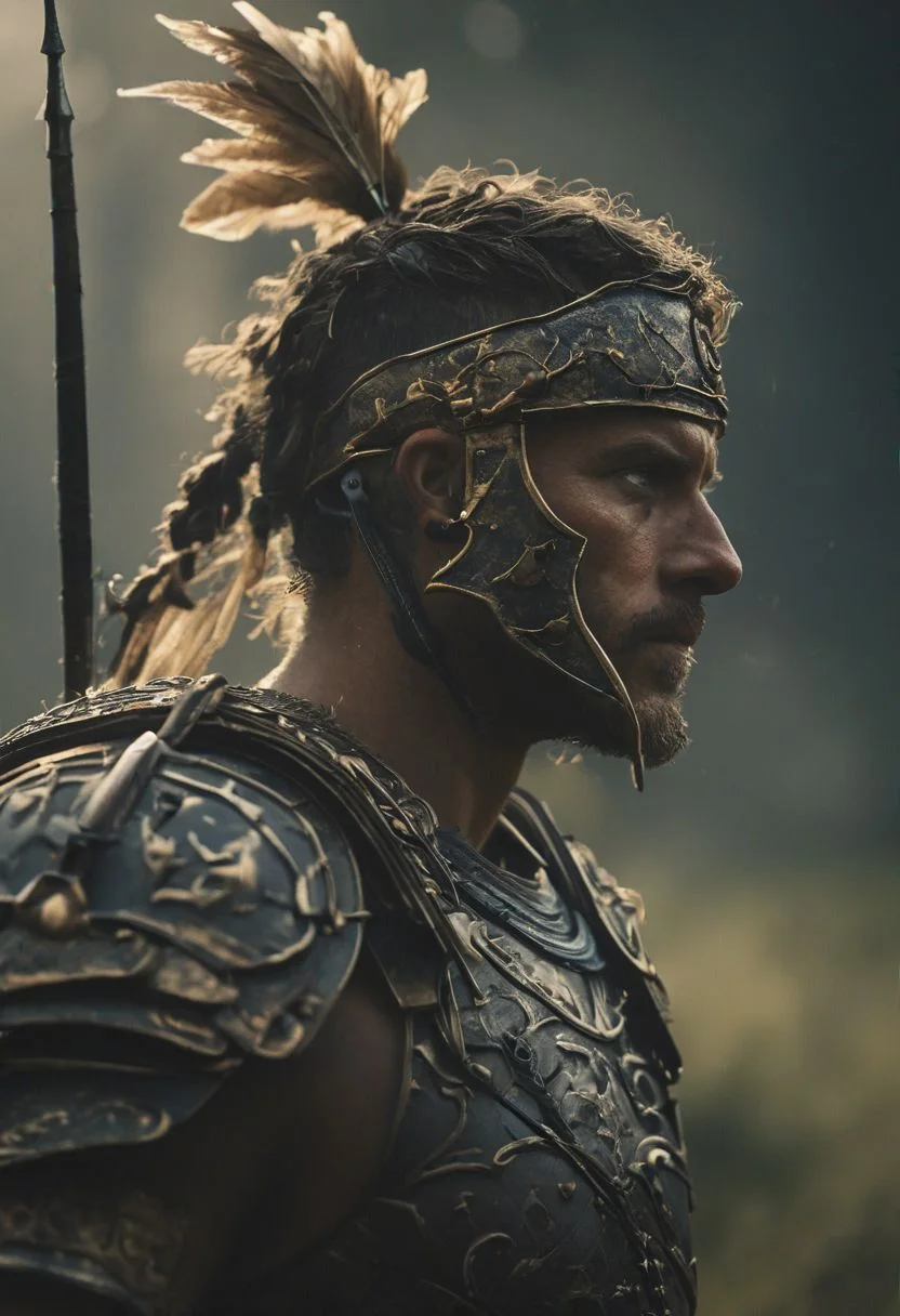 Side View of a Roman Warrior pierced By a spear, Overgrown, mystic, ethereal, darkness, 
atmospheric haze, Film grain, cinematic film still, shallow depth of field, highly detailed, high budget, cinemascope, moody, epic, OverallDetail, 2000s vintage RAW photo, photorealistic, candid camera, color graded cinematic, eye catchlights, atmospheric lighting, imperfections, natural, shallow dof