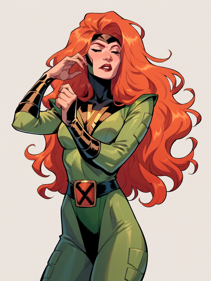 score_9, score_8_up, score_7_up, score_6_up, score_5_up,   <lora:JeanGreyXLP:1> jean grey, 1girl, long hair, orange hair, green bodysuit