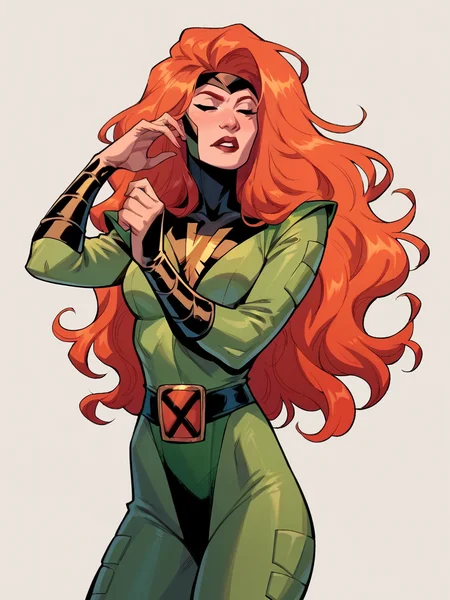 score_9, score_8_up, score_7_up, score_6_up, score_5_up, <lora:JeanGreyXLP:1> jean grey, 1girl, long hair, orange hair, green bodysuit