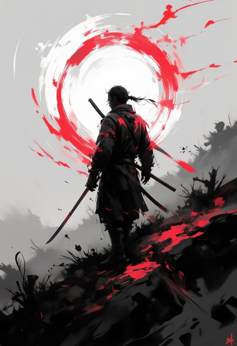 aidmaimageupgrader, samurai, hill, back view, katana, sword, shadow, silhouette, black and white, monochrome, red accents, dramatic lighting, atmospheric, foggy background, japanese culture, minimalist, moody, contrast, sunset glow, isolated figure, reflective pose,pscho_4rt