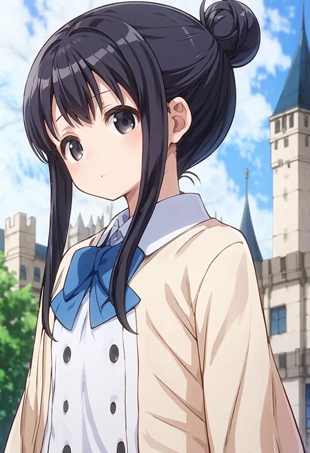 score_9, score_8_up, score_7_up, source_anime, <lora:lowres_concept_ponyXL_v1:-0.3>
BREAK,
<lora:annaka_moe_PonyXL_v1-000015:1> annaka moe, single hair bun, long hair, black hair, black eyes,
1girl, solo,
Giggling,
blush_stickers ,
head_tilt standing
pale vermilion wide sleeves frilled shirt, sleeves past wrists orange __bottoms__ ,
upper body, looking back, From a Distance, Castle with Towers bokeh, depth of field,