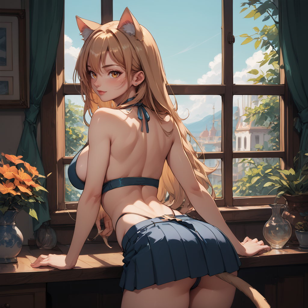 cat girl,a woman with a cat ears and a skirt on is leaning on a window sil with a cat on it,side boob, bent over, halter top, long hair,
 <lora:Cat_Girls_PonyXL:0.8> Cat girl <lora:enhancerV4-pony:0.8> 1girl,, girl, <lora:Highleg_Panties_-_PonyXL:1> Highleg Panties, <lora:RengaComicPony:0.8>, score_9,score_8_up,score_7_up,highres, masterpiece,