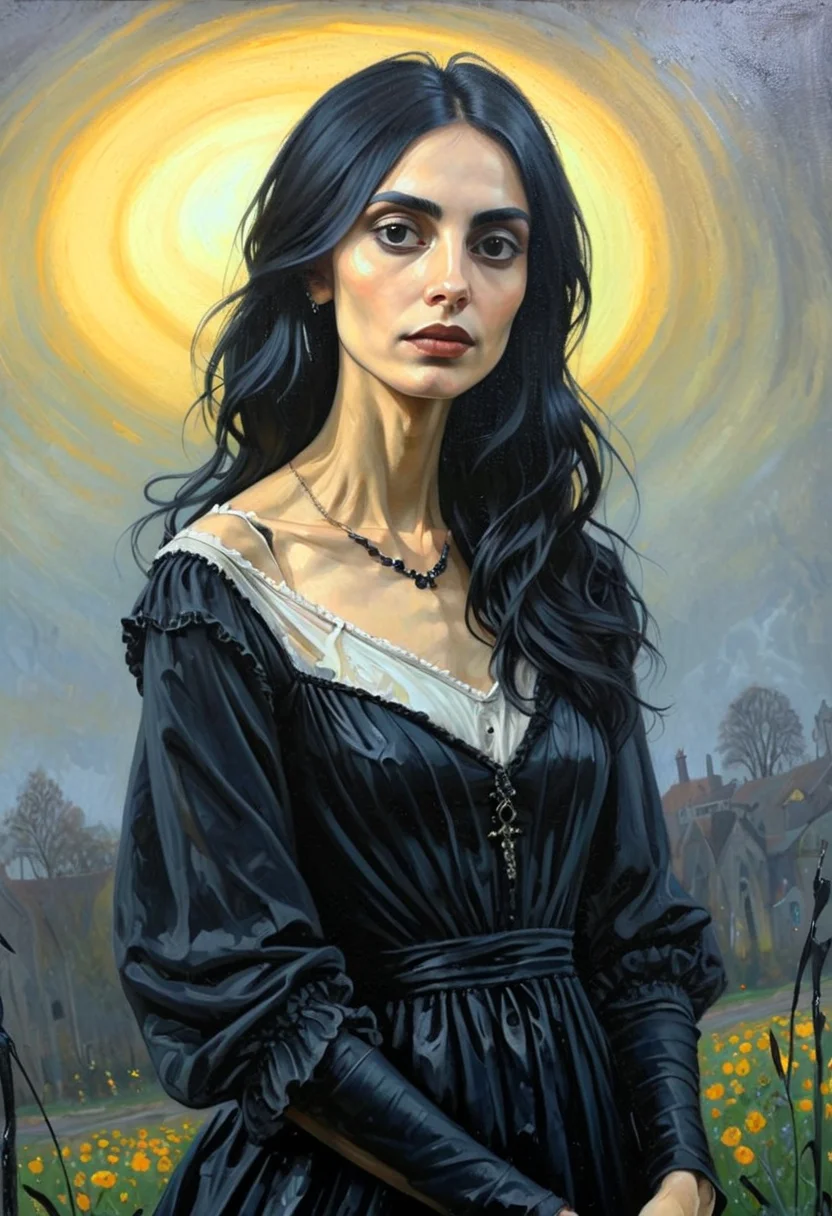 positiv Clip L:
perfect, an award-winning, painting, of a skinny Gothic woman,
positiv Clip G:
perfect, an award-winning, painting, of a skinny Gothic woman, that captivates the viewer. natural dark black eyes exude depth and penetration. sunset in the background,