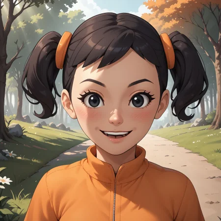 score_9, score_8, BREAK, solo, mii, wii, black hair, twintails, black eyes, dot eyes, blush, open mouth, teeth, orange clothing, black pants, sneakers, wii music, female mii, 1girl, Naoko_(\Wii_Music\), Nintendo Mii, modern_mii, classic_mii, cute, small breasts, sexy pose, self portrait, smile, outdoors, sunlight, shadows, evening lighting, natural lighting, forest, trees, grass, orange sky, sunset