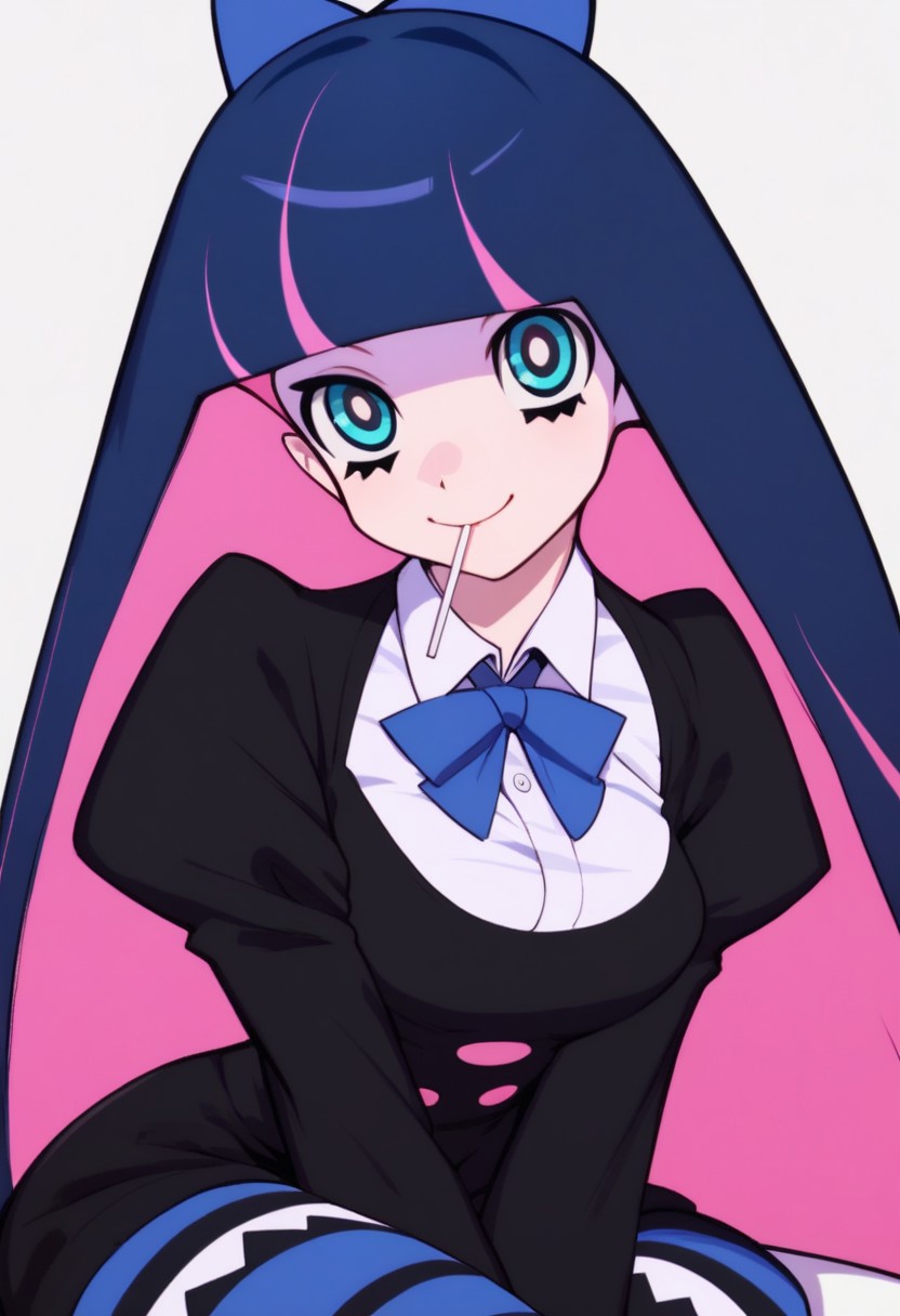 score_9, score_8_up, score_8, medium breasts, (curvy), cute, eyelashes,     
patStocking, stocking anarchy, blue eyes, blue hair, colored inner hair, hair bow, long hair, multicolored hair, pink hair, two-tone hair, bangs, blunt bangs, striped thighhighs, black dress, puffy sleeves, long sleeves, collared shirt, white shirt,
zzLoveLive,, zPDXL,
smile, looking at viewer, head tilt, lollipop,