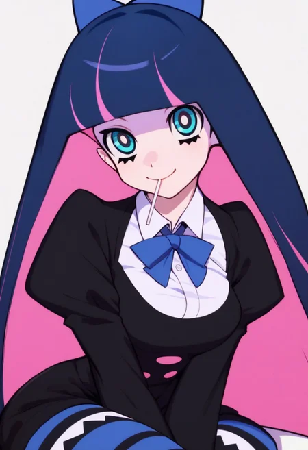 score_9, score_8_up, score_8, medium breasts, (curvy), cute, eyelashes,
patStocking, stocking anarchy, blue eyes, blue hair, colored inner hair, hair bow, long hair, multicolored hair, pink hair, two-tone hair, bangs, blunt bangs, striped thighhighs, black dress, puffy sleeves, long sleeves, collared shirt, white shirt,
zzLoveLive,, zPDXL,
smile, looking at viewer, head tilt, lollipop,