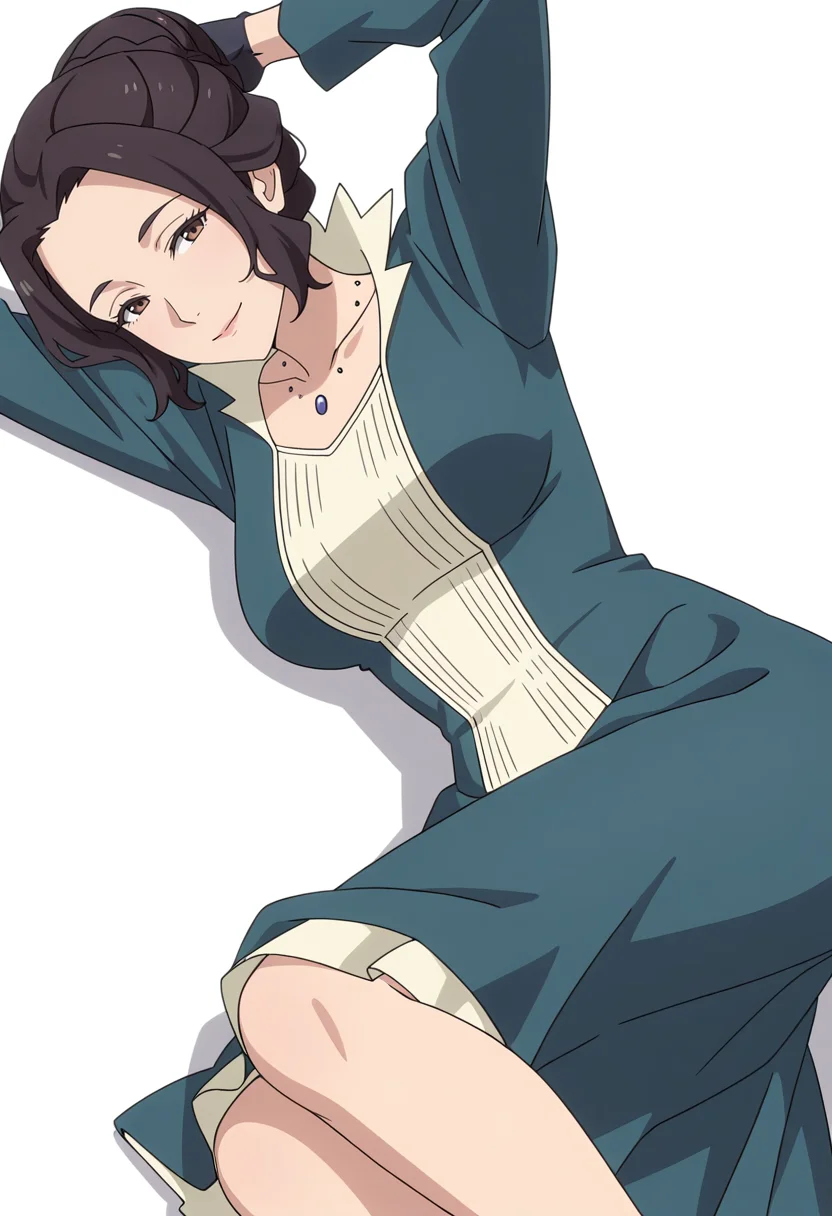 Smooth Quality,masterpiece,very intricate, high quality details, ultra realistic, high detailed skin,detailed enviorement,absurdres,
simple background, white background,
lying on side, one arm supporting head, relaxed legs, soft smile, casual vibe,  ,dutch angle,
 <lora:Blumund_Queen_cnn:0.7>blumundqueencnn,1girl, black hair, hair bun,mature female, 
long sleeves, blue dress, black gloves,jewelry, necklace,