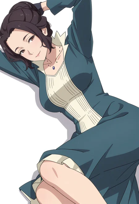 Smooth Quality,masterpiece,very intricate, high quality details, ultra realistic, high detailed skin,detailed enviorement,absurdres,
simple background, white background,
lying on side, one arm supporting head, relaxed legs, soft smile, casual vibe, ,dutch angle,
<lora:Blumund_Queen_cnn:0.7>blumundqueencnn,1girl, black hair, hair bun,mature female,
long sleeves, blue dress, black gloves,jewelry, necklace,