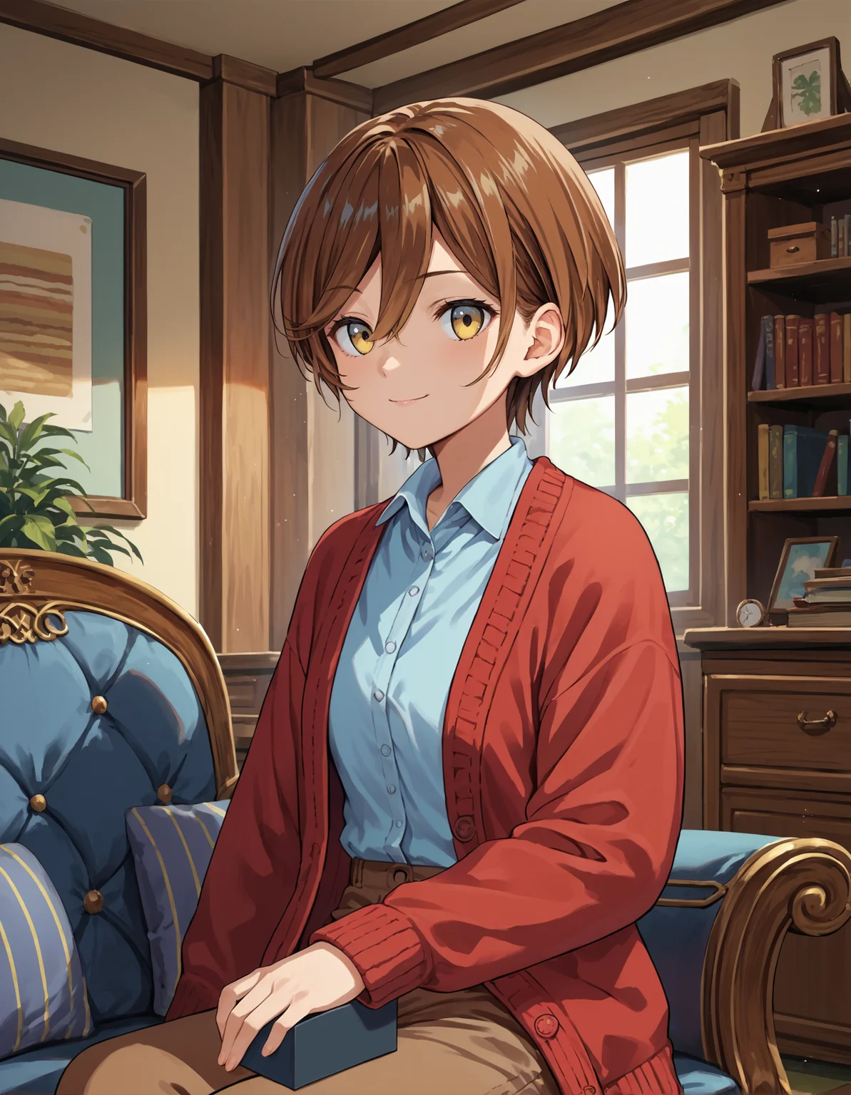score_9, score_8_up, source_anime, 1girl, upper body, medium shot, detailed, mgrcsasameyozuru, brown hair, short hair, yellow eyes, gradient eyes, blue collared shirt, red cardigan, brown pants, holding box, indoors, cabinet, sitting, armchair, light smile, (side view:0.7), <lora:mgrcsasameyozuru_XL:0.75>