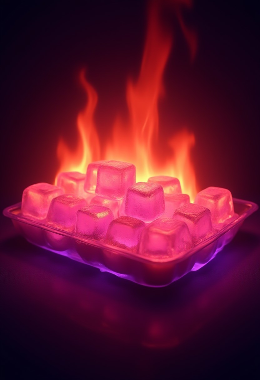 An tray of icecubes completely engulfed in flames, inferno, blazing, concept art, masterpiece, perfect lighting, purple flames, 4k, absurdres,