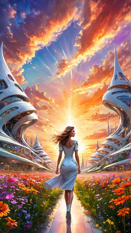 A woman walking in a vast field of wildflowers, futuristic architecture, dramatic sunset, hyperrealistic futurism style, dynamic composition, vibrant colors, motion blur, sleek and modern, detailed lighting, artistic, geometric shapes, technological elements, high energy, bold and innovative