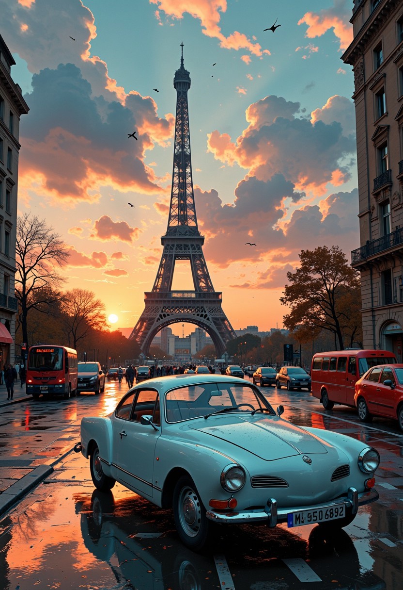 a contemporary image of a square in Paris from ground view, some car, a bus, the typical atmosphere of the French capital. In the background you can see the Eiffel Tower. A pale blue Volkswagen Karmann Ghia is parked in the foreground. A wide view. The sky is a sunset with many clouds. The atmosphere is both grandiose and unsettling, blending the elegance of gothic architecture with a chaotic, digital surrealism.