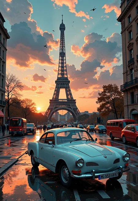 a contemporary image of a square in Paris from ground view, some car, a bus, the typical atmosphere of the French capital. In the background you can see the Eiffel Tower. A pale blue Volkswagen Karmann Ghia is parked in the foreground. A wide view. The sky is a sunset with many clouds. The atmosphere is both grandiose and unsettling, blending the elegance of gothic architecture with a chaotic, digital surrealism.