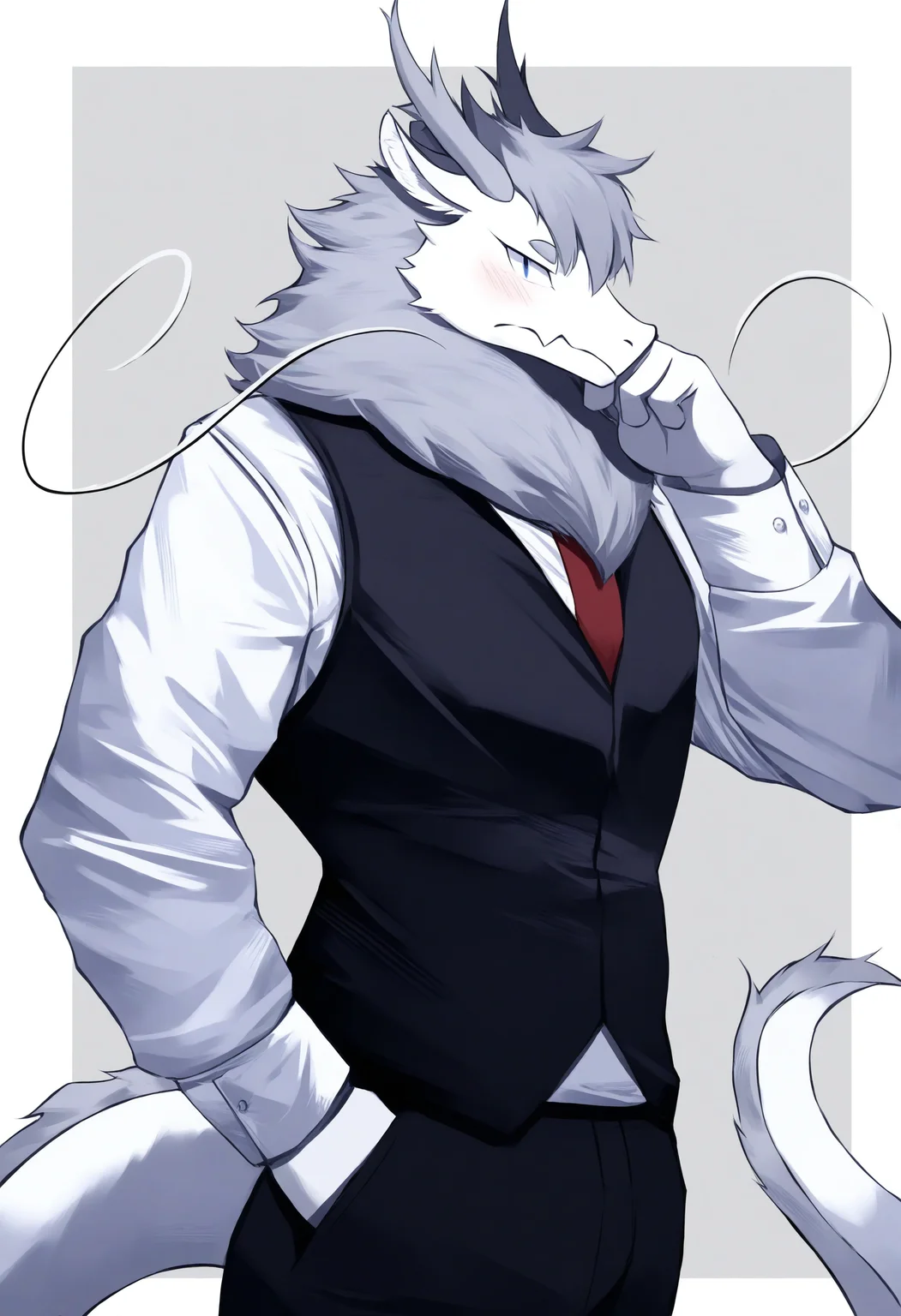 1boy, male focus, (feiren zai:1.1),
from side, looking to the side, furry male, solo, grey background, simple background, looking at viewer, blush, horns, tail, dragon horns, dragon tail, long tail, blue eyes, grey hair, pants, shirt, black pants, white shirt, necktie, furry, dragon boy, hand in pocket, border, neck fur, ao lie, black vest, cowboy shot, long sleeves, lying, on back, short hair, closed mouth, outside border, vest, red necktie, collared shirt,
masterpiece, best quality
<lora:AoLie(FeirenZai)-NoobXLv1.1-000090:1>