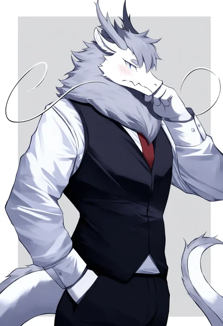 1boy, male focus, (feiren zai:1.1),
from side, looking to the side, furry male, solo, grey background, simple background, looking at viewer, blush, horns, tail, dragon horns, dragon tail, long tail, blue eyes, grey hair, pants, shirt, black pants, white shirt, necktie, furry, dragon boy, hand in pocket, border, neck fur, ao lie, black vest, cowboy shot, long sleeves, lying, on back, short hair, closed mouth, outside border, vest, red necktie, collared shirt,
masterpiece, best quality
<lora:AoLie(FeirenZai)-NoobXLv1.1-000090:1>