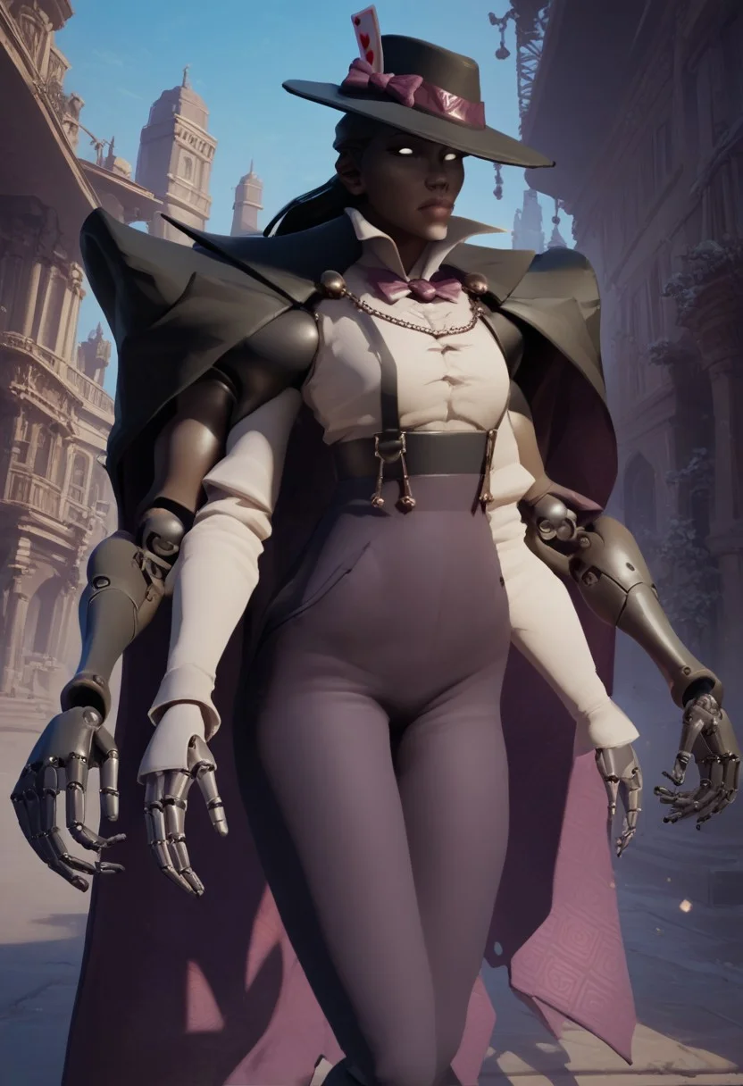 score_9, score_8_up, score_7_up,
1girl, wraith, white eyes, sexy, four arms, 2 mechanical arms, 2 normal arms, dark skin, cape, bow, shirt, high-waist pants, bowtie, pants, playing card in hat, city background