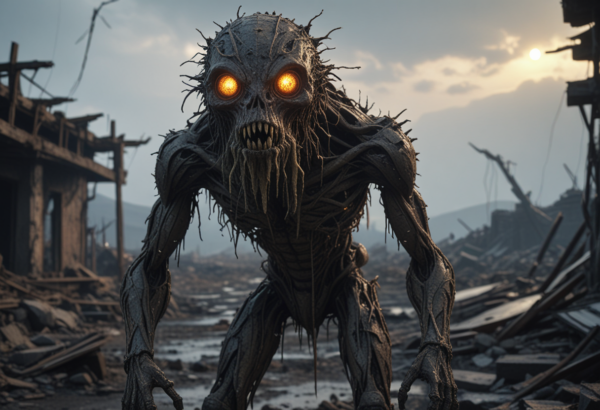 (medium full shot) of (long shot , straight on) of mutated creature using makeshift tools, detailed face, located in a ruined world at a desolate outpost during early morning with rainy weather, illuminated by solar flare, creating a dystopian atmosphere, Masterpiece,best quality, photo, realistic, very aesthetic,