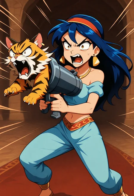 embedding:IllusP0s, tiger launcher gun, holding weapon, JasmineXL,,, necklace, earrings, hairband, off-shoulder shirt, blue shirt, midriff, blue pants, arabian clothes, red headband, kevlar vest, dogtag, screaming, angry cat, detailed palacial background, dynamic background