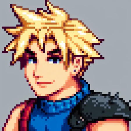 score_9, score_8_up, score_7_up, source_anime, BREAK, solo, 1boy, smile, looking at viewer, <lora:Stardew-Valley-Portraits-pdxl_Fp:1>, portrait, simple background, pixel art, white background, <lora:cloudstrife-pdxl-nvwls-v1:0.8>, defCloud, blonde hair, single earring, suspenders, shoulder armor, sleeveless turtleneck, blue shirt
