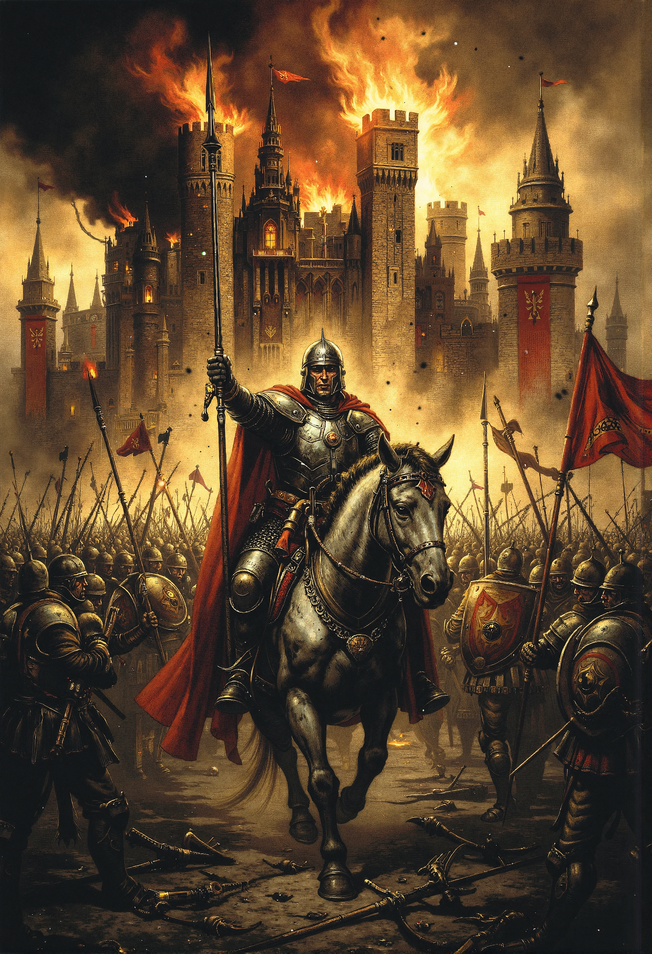 An epic medieval battle scene at the height of chaos, with a knight in gleaming steel armor as the central figure, mounted on a powerful warhorse. The knight holds a raised lance, his crimson cape billowing dramatically in the smoky air. The battlefield is engulfed in flames, with thick smoke and ash swirling around the soldiers.  Surrounding him are countless warriors clad in chainmail and helmets, locked in fierce combat, wielding swords, axes, and shields adorned with red and gold insignias. The backdrop features a massive, burning medieval castle, its tall stone walls crumbling under a fiery siege. Siege weapons, including catapults and ladders, are faintly visible in the chaos.  The ground is littered with embers, broken weapons, and fallen warriors, illuminated by the fiery glow of destruction. Banners bearing intricate heraldic symbols wave amidst the carnage, adding a sense of grandeur to the battle. The sky is dark and clouded, with a dim, orange hue from the raging fires, enhancing the atmosphere of conflict and despair. The focus captures the determination and bravery of the central knight as he leads his army into the fray, embodying the spirit of valor and resilience. <lora:frazetta_flux_v2-000150.safetensors:0.5>, <lora:Flux_-_Renaissance_art_style.safetensors:0.35>,   <lora:ancient.safetensors:0.15>,  <lora:Warhammer_Rogue_Trader_Style_flux-000021.safetensors:0.5>,  <lora:Movie_Portrait.safetensors:0.5>,  <lora:- Flux1 - soothing_atmo_V2.0.safetensors:0.2>,  <lora:lith_mimosa_kiel_grw134_FLUX.safetensors:0.4>,  <lora:paintart-style-006-v1-0-flux.safetensors:0.4>,