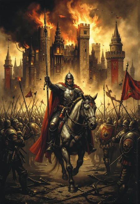 An epic medieval battle scene at the height of chaos, with a knight in gleaming steel armor as the central figure, mounted on a powerful warhorse. The knight holds a raised lance, his crimson cape billowing dramatically in the smoky air. The battlefield is engulfed in flames, with thick smoke and ash swirling around the soldiers.  Surrounding him are countless warriors clad in chainmail and helmets, locked in fierce combat, wielding swords, axes, and shields adorned with red and gold insignias. The backdrop features a massive, burning medieval castle, its tall stone walls crumbling under a fiery siege. Siege weapons, including catapults and ladders, are faintly visible in the chaos.  The ground is littered with embers, broken weapons, and fallen warriors, illuminated by the fiery glow of destruction. Banners bearing intricate heraldic symbols wave amidst the carnage, adding a sense of grandeur to the battle. The sky is dark and clouded, with a dim, orange hue from the raging fires, enhancing the atmosphere of conflict and despair. The focus captures the determination and bravery of the central knight as he leads his army into the fray, embodying the spirit of valor and resilience. <lora:frazetta_flux_v2-000150.safetensors:0.5>, <lora:Flux_-_Renaissance_art_style.safetensors:0.35>,   <lora:ancient.safetensors:0.15>,  <lora:Warhammer_Rogue_Trader_Style_flux-000021.safetensors:0.5>,  <lora:Movie_Portrait.safetensors:0.5>,  <lora:- Flux1 - soothing_atmo_V2.0.safetensors:0.2>,  <lora:lith_mimosa_kiel_grw134_FLUX.safetensors:0.4>,  <lora:paintart-style-006-v1-0-flux.safetensors:0.4>,