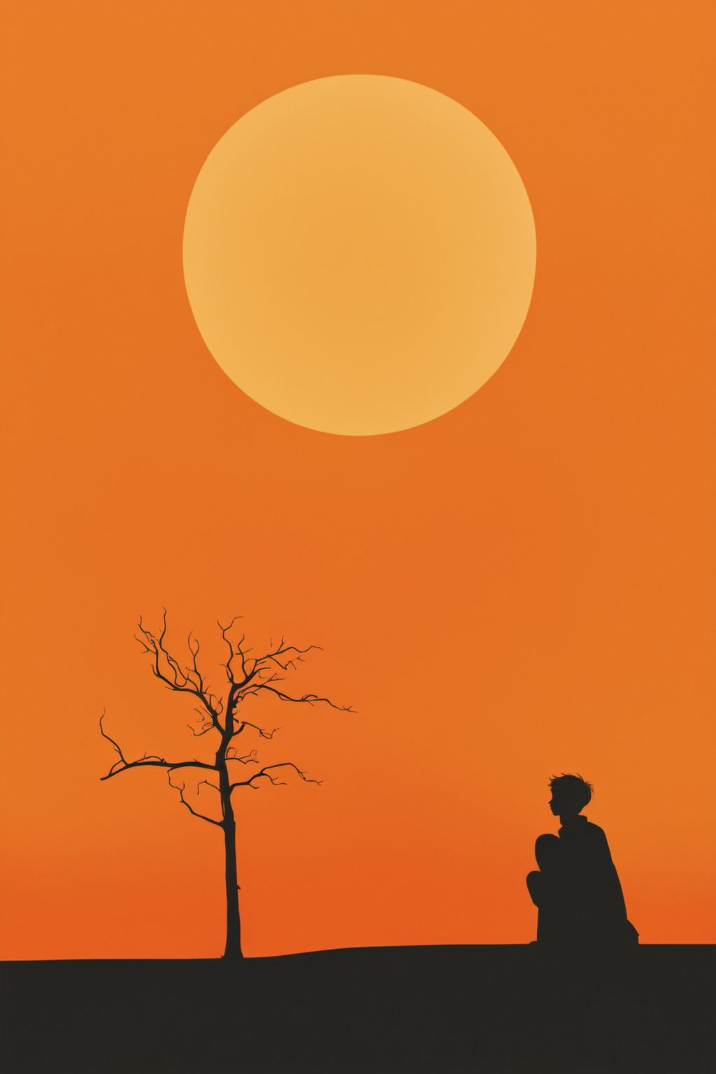ch, silhouette, tree, solo, moon, orange theme, outdoors, sun, orange background, orange sky, scenery, standing, 1boy, 1other, bare tree