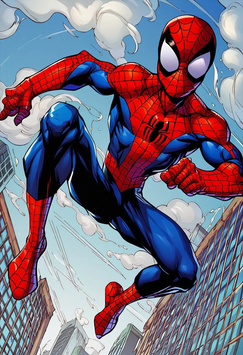 solo, 1boy, masked, red and blue bodysuit, MBStyle, dynamic pose, spider-man, looking at viewer, score_9, score_8_up, score_7_up, best quality,