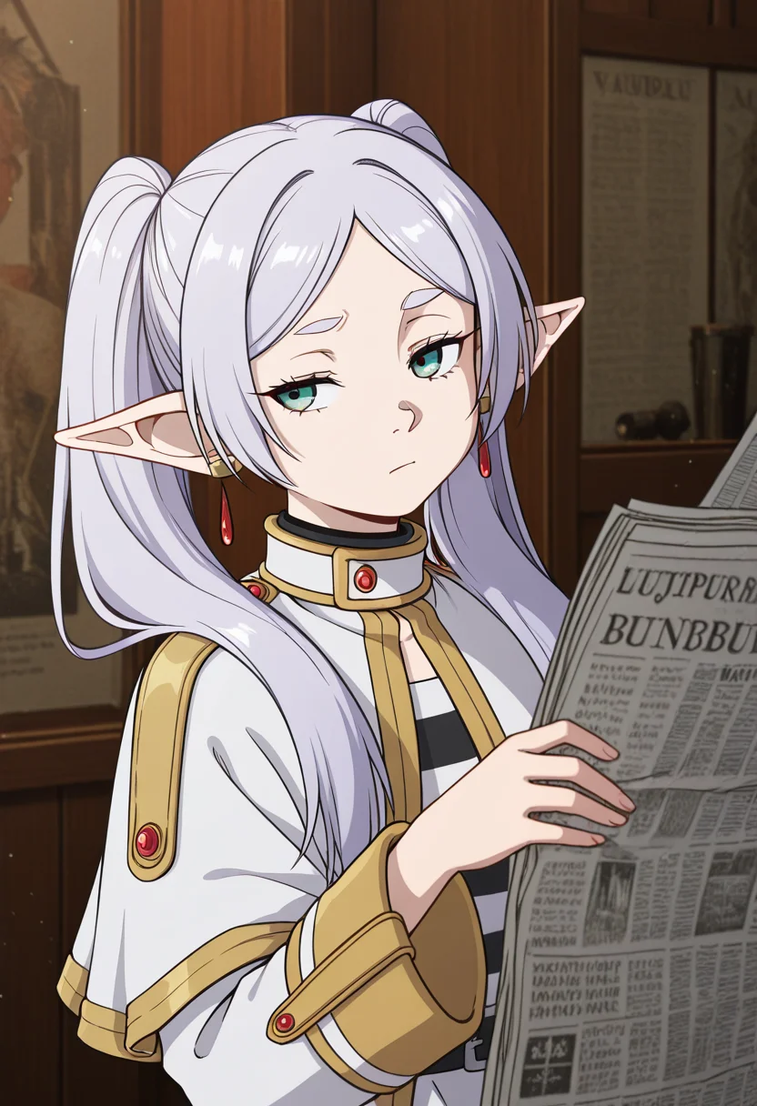 masterpiece, best quality, Graphic Design, color art, vibrant colors, colorful, intricate details, high contrast, detailed background, beautiful detailed, beautiful face, detailed eyes, detailed face, new, tljwan, raised eyebrow, holding, newspaper, 1girl, solo, frieren, upper body,