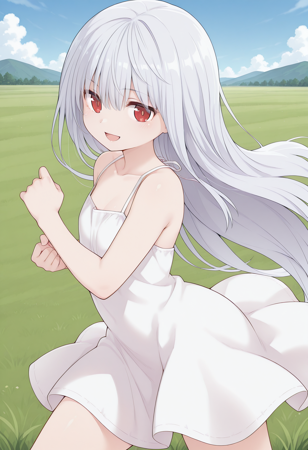 maisora_angel, red eyes, grey hair, long hair, very long hair, bangs, sundress, sleeveless, <lora:maisora_angel_illustrious_ver1:0.8> 
smile, open mouth,, masterpiece, best quality, sensitive,, 1girl, solo, blue sky, (grasslands:1.2), looking at viewer,, (cowboy shot, dynamic pose:1.4),