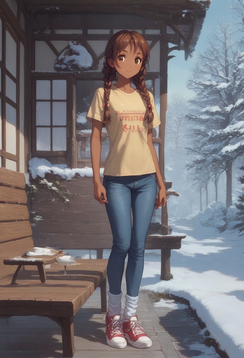 score_9, score_8_up, score_7_up, 1girl, solo, Mexican, brown hair, brown eyes, dark skin, detailed eyes, long hair, braids, pigtails, hair ties, T-shirt, blue jeans, sneakers, different socks, standing on porch, postmodern house, glass, snow, tree, next to kyo_sohma