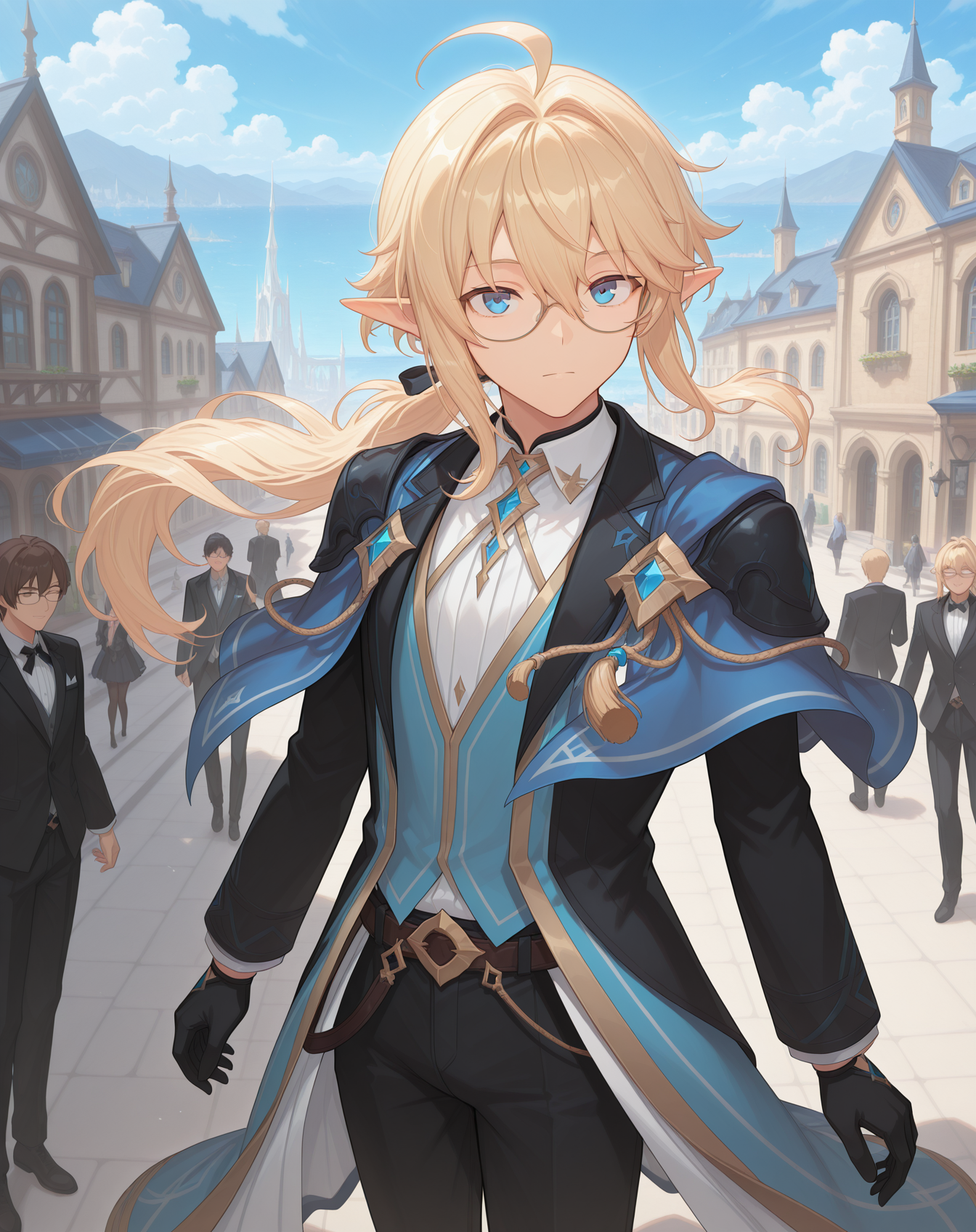 masterpiece,best quality,amazing quality, newest, very aesthetic, absurdres,
1boy, solo, yaoi, male focus, looking at viewer, cowboy shot, standing,
<lora:Grandiel_Likability_ilxl:1> likabilitygrandiel, pointy ears, blonde hair, blue eyes, long hair, glasses, hair between eyes, ahoge, low ponytail, floating hair, elf, sidelocks,
formal, tuxedo, neck ribbon, white shirt, collared shirt, black pants, shoes, black footwear, suit jacket, black jacket,
outdoors, day, blue sky, building, people,